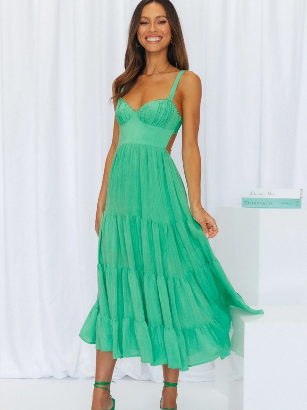 Hello Molly Freshly Brewed Green Tiered Midi Dress with Sweetheart Bust